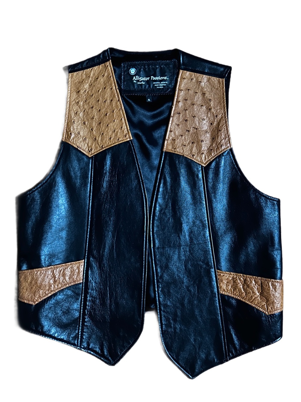 Alligator Passions by Marko ~ X-Large ~ Vtg ~ USA ~ Black W/Brown Leather  Vest